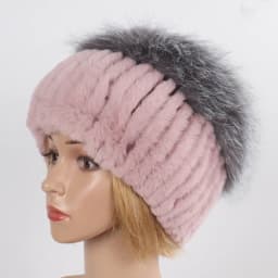 Women's Winter Warm Genuine Fur Hat Scarf Set Real Rex Rabbit Fur Cap with Silver Fox Scarves 2-Piece Natural Fashion Accessory