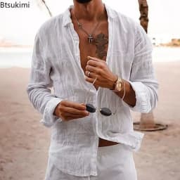 2026 Men's Cotton Linen Shirts Top Simple Laple Solid Man Shirts Tops Comfortable Loose Casual Holiday Shirts for Men Blouses
