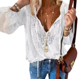 V-neck Hollow Air Quality Commuting Loose Printed Solid Color Lace Shirt Women Beach Vacation New Versatile Long-sleeved T-shirt