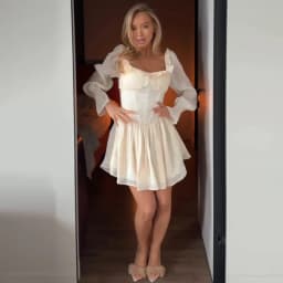 Solid Ruffle Mini Dress U Neck Long Puff Sleeve Tie Neck Tiered Hem Sweet Style Gown Soft Pastel Tones Fashion Chic Women Outfit