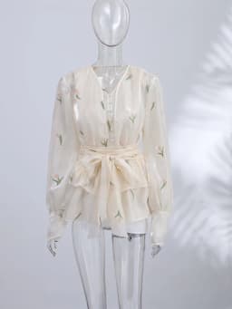 2026 Spring Summer Floral Embroidered Chiffon Wrap Tie Waist Ruffle Mini Dress Sheer V-Neck Romantic Feminine Women Date Vestido