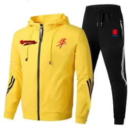 New Suzuki sportswear set for men, featuring a zip-up hooded sweatshirt and pants with Suzuki logo print. Quick delivery.
