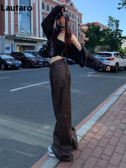Lautaro Spring Long Loose Casual Soft Distressed Brown Pu Leather Wide Leg Pants for Women High Waist Korean Style Fashion 2024