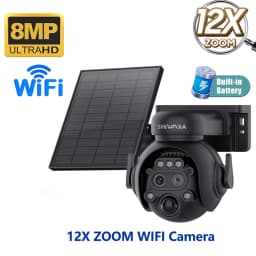SHIWOJIA 12X Zoom 4G LTE Solar Security Camera 8MP Night Vision Dual-Lens Outdoor WiFi Solar Battery Camera PIR Human Detection