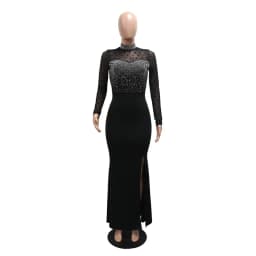 HBLL Elegant Luxury Wedding Mesh See Through Patchwork Prom Formal Long Dress Woman Sexy Black Rhinestone Birthday Evening Robe