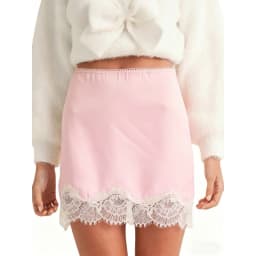 Women Y2k Satin Silky Mini Skirt Solid Color Lace Trim Patchwork Low Rise Short Skirt Cute Retro Half Slip Underskirts