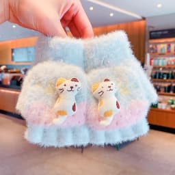 4-7Y Girls Winter 2 in 1 Convertible Flip Gloves Cute 3D Cat Decor Knitted Plush Gloves Kids Paw Print Windproof Thermal Mittens