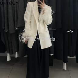 OFTBUY Women's 100% Wool Blazer Feather Cuff Double Breasted Suit Jacket Elegant Winter Warm Coat Casual Office Lady Outerwear