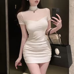 Elegant Short Sleeve Mesh Splice Slim Fit Waist Cinched Mini Dress Street Style Pure Color Polka Dot Print Casual Wear