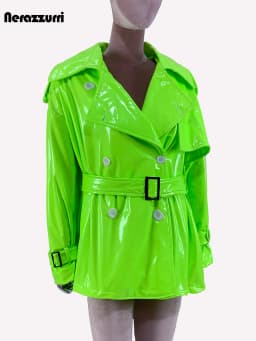 Nerazzurri Spring Autumn Oversized Thin Shiny Reflective Patent Leather Trench Coat for Women Double Breasted European Fashion