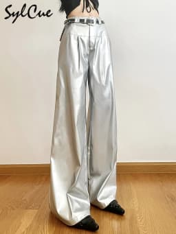 Sylcue Silver Retro Matte Trendy Personalized All-match Casual High Street Cool Confident Casual Women's Autumn Wide Leg Pants