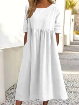 Summer New Large Solid Color Casual Short Sleeve Pocket Fold Loose Round Neck Women's Dress
