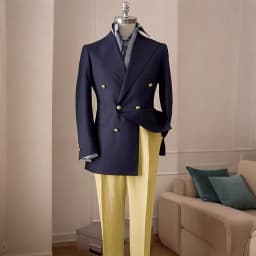 Timeless Men's Navy Blue Double Breasted Suit Summer Breathable Casual 2Piece Set Jacket+Yellow Linen Pants Wedding Groom Attir