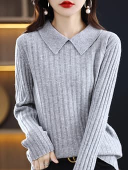 Autumn Winter New Woman 100% Wool Sweater Soft Polo Collar Vertical Stripe Pullover Casual Knitted Tops Cashmere Female Sweater