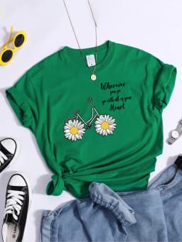 Women's Tshirt Daisy Bike Personalized Text T-Shirts Crewneck Vintage Short Sleeve Tops Korean Style Solid Color Women Tshirt