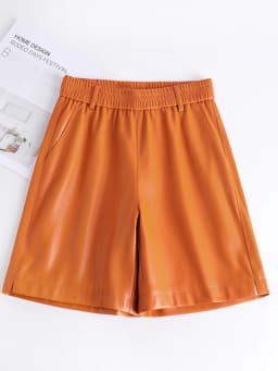Fashionable Stylish 100% Leather Five-Point Pants For Women Femme Elastic Waist Wide Leg Shorts With Pocket