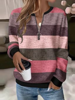 Casual Zipper Hoodie with Regular Fit Mid Length Japanese Korean Casual Digital Print Long Sleeve Striped Spring Women Hoodie