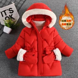 2024 New Winter Keep Warm Girls Jacket Waist Belt Design Detachable Hat Lining Plush Hooded Heavy Coat For Kids