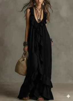 Loose Casual Dress Spring Summer Solid Color Elegant Fashion Bohemian Style Ruffled Loose Waist Sleeveless V-Neck Long Dresses