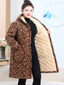 2024 New Leopard Print Thickened Fleece Cotton Jacket Fashionable Home Wear Women's Coat Long Pants Regular Sleeve Hooded