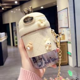 Cute Rabbit Ear Plastic Water Bottles With Straw For Girls Kids Portable Strap Student Bottle With Cup Cover Anti-drop BPA Free