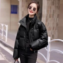 CoffeeMaillard Stand Up Collar New Short 2026 Winter Petite Fashion Bread Warm Thickened PU Leather Down Cotton Jacket For Women