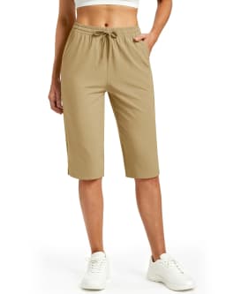 TACVASEN Womens Quick Dry Hiking Capris 4-Way Stretch Knee Length Pants Elastic Drawstring Waist Split Hem Cropped Trousers