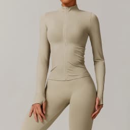 Women's Seamless Long Sleeve Yoga Top Ribbed High Neck Full Zip Slim Fit Sports Jacket Thumb Hole Workout Gym Running Activewear