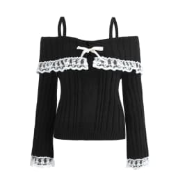 Women Off Shoulder Knit Sweater Solid Color Sweet Pullovers Long Sleeve Bow Lace Patchwork Cute Jumpers Club Streetwear Y2k