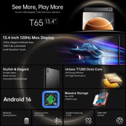 Teclast T65 Android Tablet 16 13.4 "120Hz Screen T7280 Octa-Core Max 20Gb Ram 128Gb Rom (up to 1Tb) 4g Lte 8000Mah Widevine L1