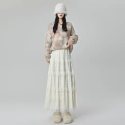 Gentle Wind High Waist A-Line Lace Splicing Long Skirt Women's Fairy Tale Cake Skirt Mid-Length Midi Skirt for Autumn Winter