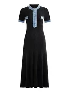 STYLISH LADY Denim Patchwork Knitted Dress 2025 Autumn Women Short Sleeve O Neck Button Bodycon Elegant OL Party Maxi Dresses