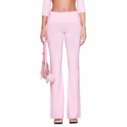 Combhasaki Women's Y2l Knitted Flared Long Pants Slim Fit Solid Color Fold Over Waist Elastic Low Rise Back Bow Decor Trousers