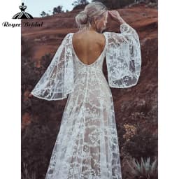 Charming A Line Boho Bohemian Wedding Dresses Lace Appliques V Neck Long Flare Sleeve Backless Bride Gowns robe soirée mariage