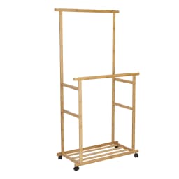 Rolling Clothes Hanging Rack with Double-Rod Wooden Garment Stand with Wheels