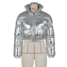 ANJAMANOR Silver Glossy Puffer Jacket Zip Up Shiny Bubble Coat Streetwear Women Clothing Winter Baddie Clothes D48-FH59