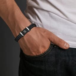 Initials Leather Bracelet for Men Boys,Stainless Steel A-Z 26 Letter Charm Woven Wristband,Casual Jewelry Gift to Father Husband