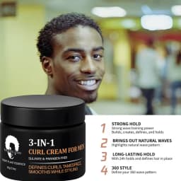 Men's 3-in-1 Curl Cream with Collagen & Coconut Oil - Defines Curls, Tames Frizz, Smooths Styling, Sulfate & Paraben Free 60g