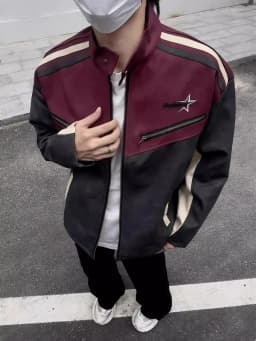 Retro American Collar Splice PU Leather Jacket Loose Casual Outerwear for Men And Women High Street Style Motorcycle Coat