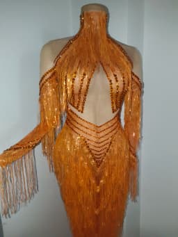 Sparkly Diamond Orange Tassel Long Sleeves Mesh Transparent Dress Women Latin Dance Outfits Bar Nightclub Party Club Stage Wear