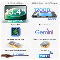 DOOGEE AORLYM P13 Tablet 48GB+128GB Gemini AI 13.4" 2.4K 120Hz Display 12000mAh Large Battery UNISOC T7280 Widevine L1 Android 16 Smart Pad