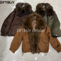 OFTBUY Real Suede Jacket Winter Warm Button Thick Padded Fashion Loose Outerwear Women Luxury Fox Fur Collar Duck Down Parka
