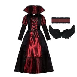 Vampire Queen Cosplay Costume Medieval Gothic Black Red Long Dress With Lace Collar Girls Halloween Party Role Play Fancy Outfit