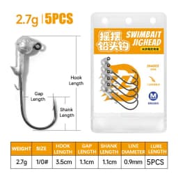 5Pcs Jig Head Hooks 0.9g 1.3g 1.8g 2.7g Midosto Series Wobble Mustad Hook Lead Jigs for Soft Lures for Bass Trout Fishing Tackle