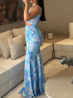 Bonnie Forest Women's Tropical Palm Print Drawstring Pleated Long Dress Summer Holiday Outfits Girls Cut-Out Ruffles Beach Dress