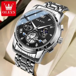 OLEVS 2856 Quartz Watch for Men Flywheel Skeleton Chronograph Moon Phase Multifunctional Stainless Steel Men's Wristwatches