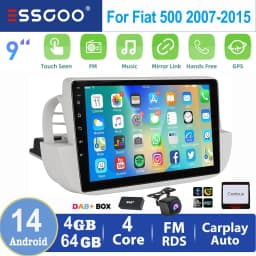 ESSGOO 2 DIN For Fiat 500 2007-2015 White 9" Apple Carplay Android auto Car Stereo Radio GPS WIFI SWC BT Mirror Link Android 14