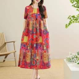 New 2025 Summer Dress For Women Plus Size Dress Casual Short Sleeve Boho Vintage Print Long Maxi Dress Beach Women Clothing