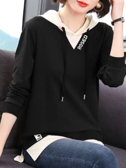 Spring Autumn Thin Hoodie Women's Long Sleeve Top Large Size Base Shirt Fake Two-Piece Comfortable Breathable Commute Style