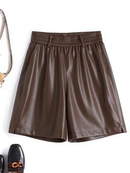 Fashionable Stylish 100% Leather Five-Point Pants For Women Femme Elastic Waist Wide Leg Shorts With Pocket